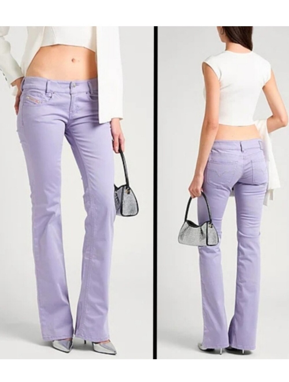 NEW Diesel Womens Low Rise Flare Pants Lilac Stretch Cotton Blend Size 25